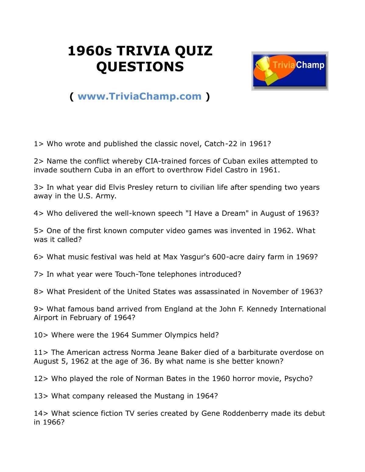 1960 music trivia questions and answers