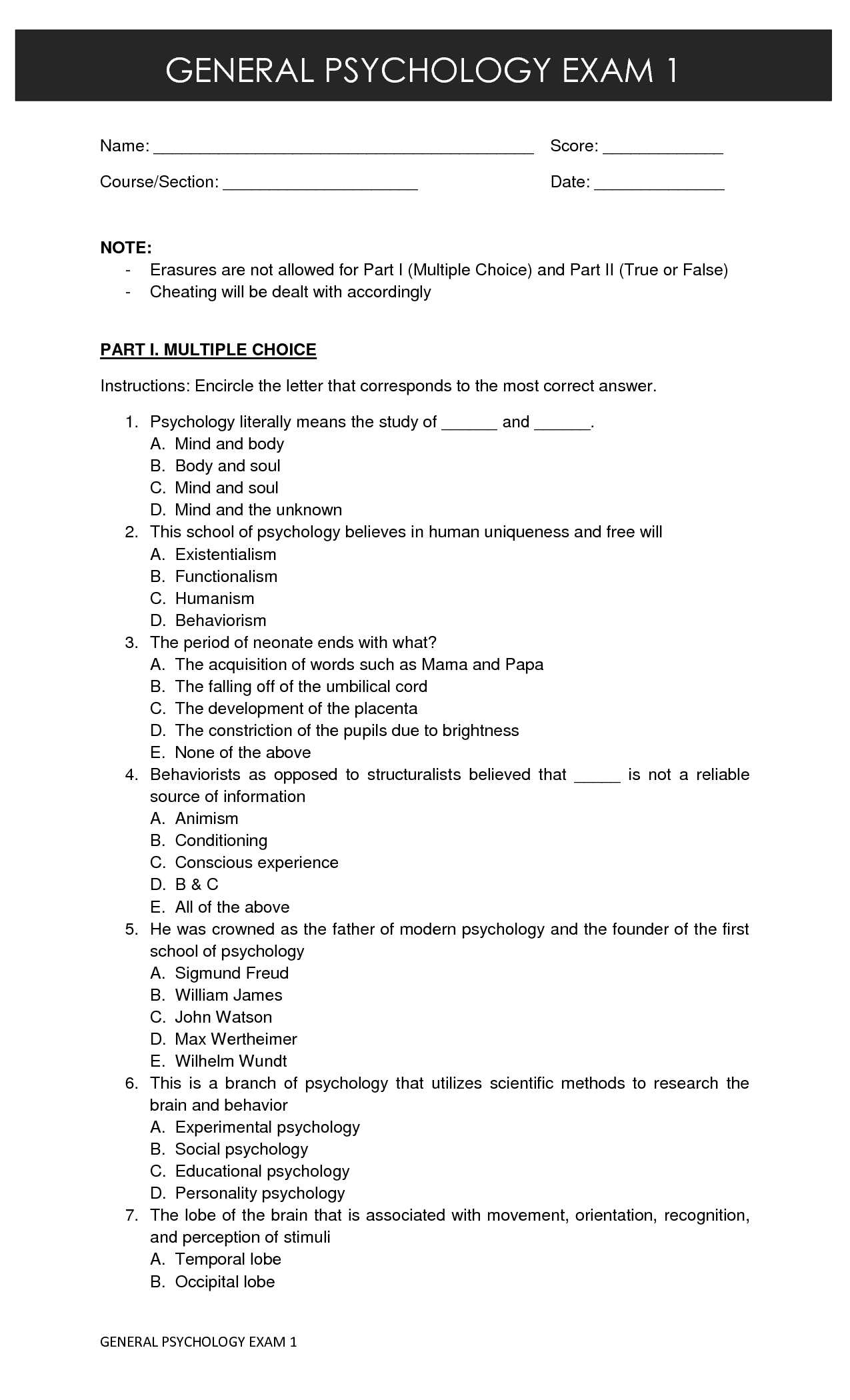 2012 psychology exam answers