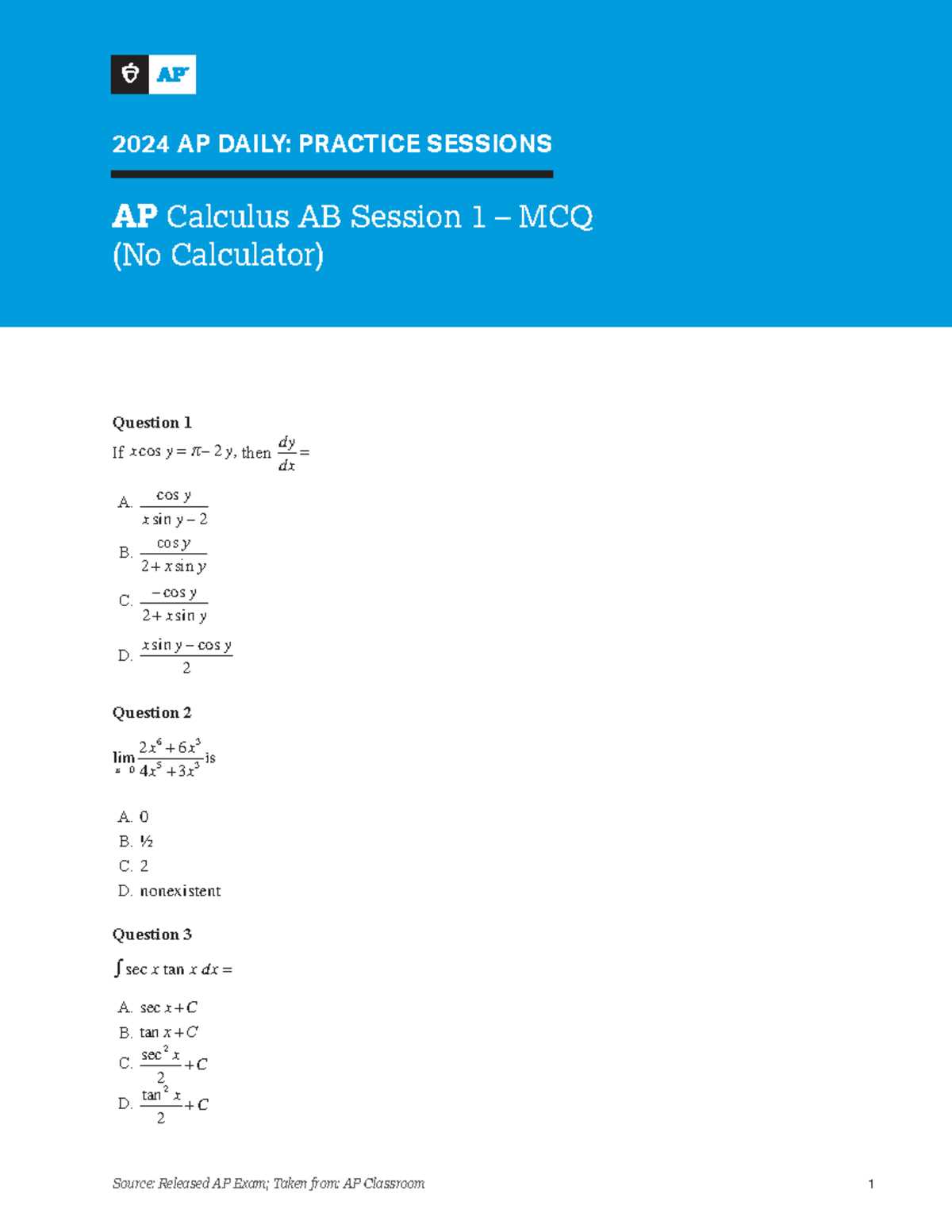 2025 international practice exam ab mcq answers