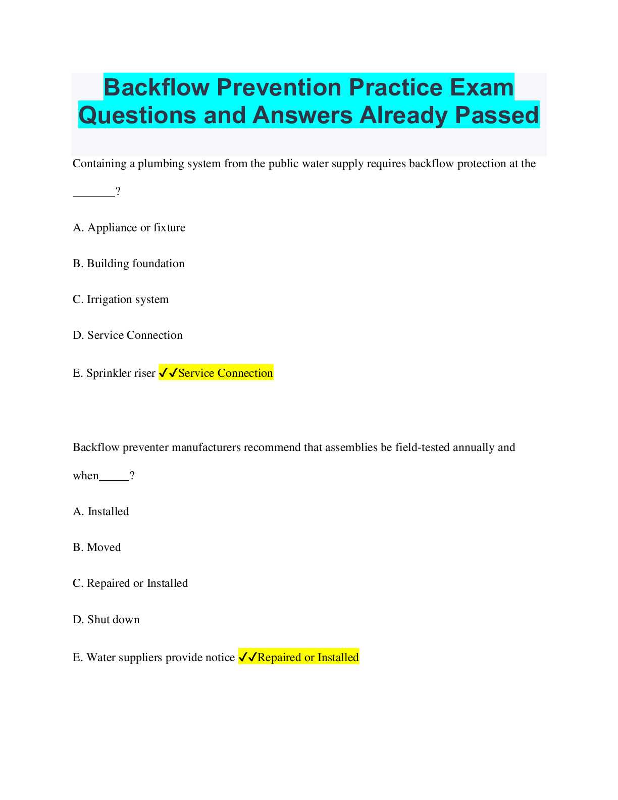 plumbing exam questions and answers