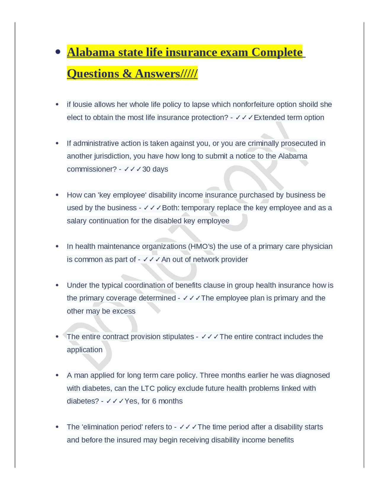 life insurance exam answers