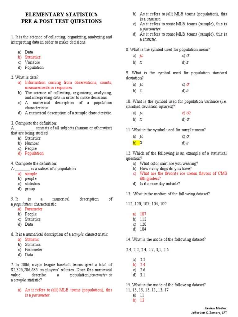 elementary statistics exam questions and answers