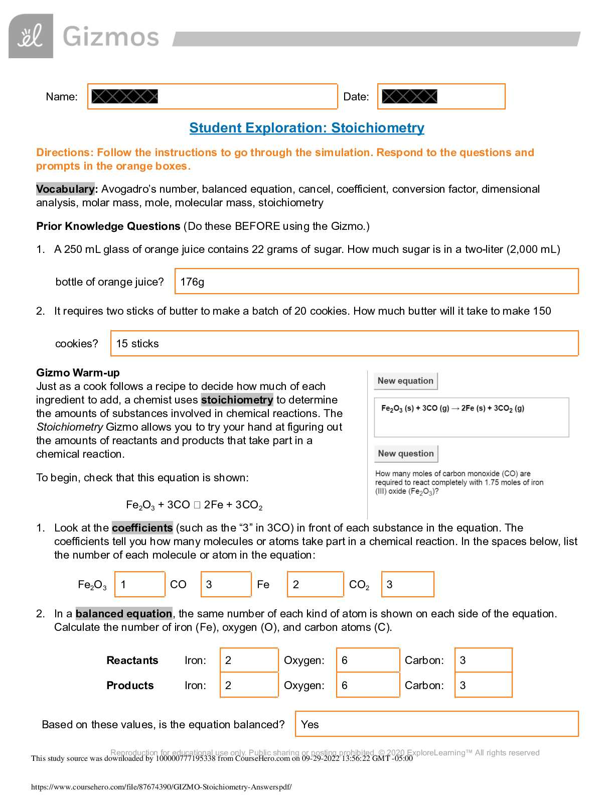 stoichiometry exam answer key