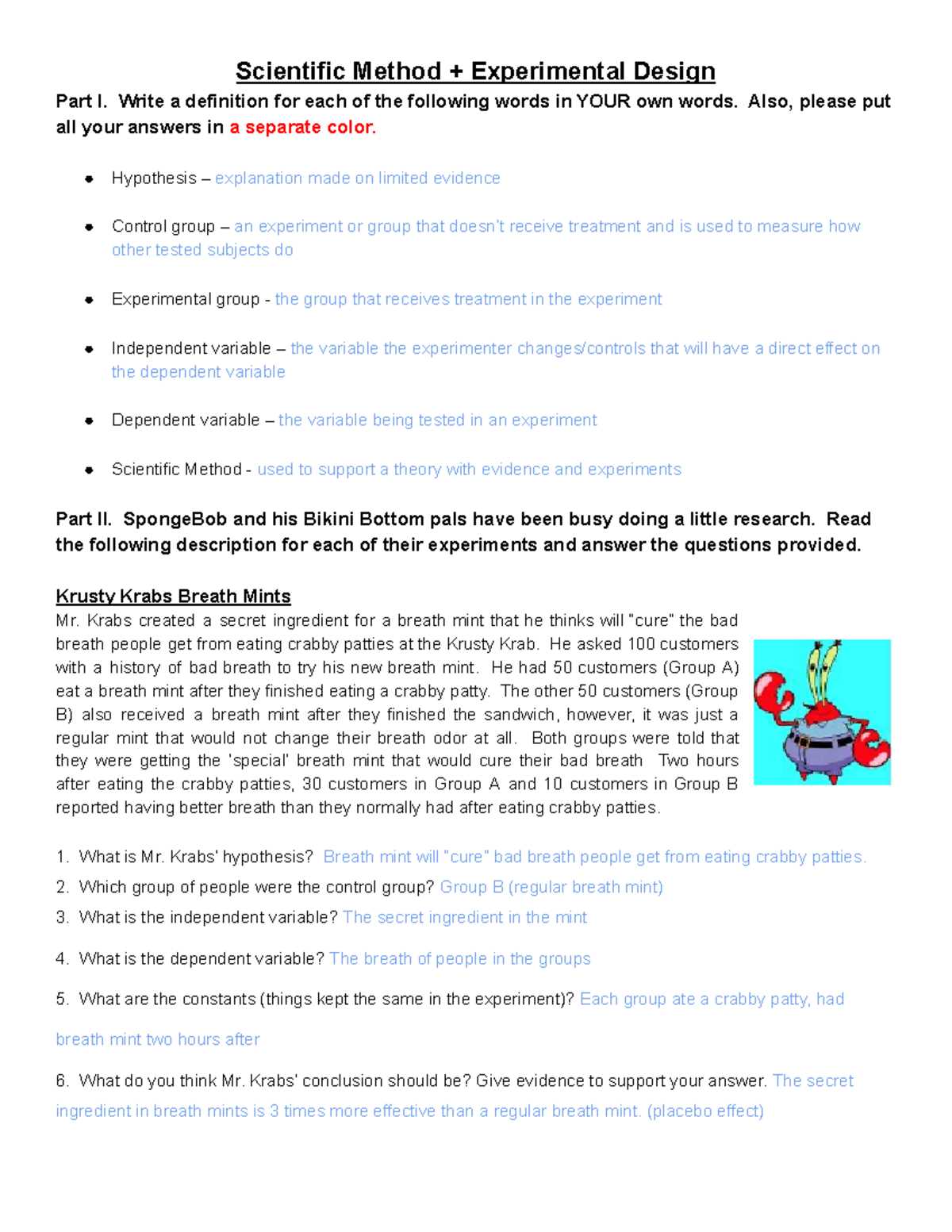 spongebob scientific method answer key