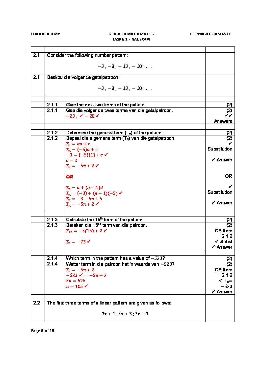 8th grade final exam math