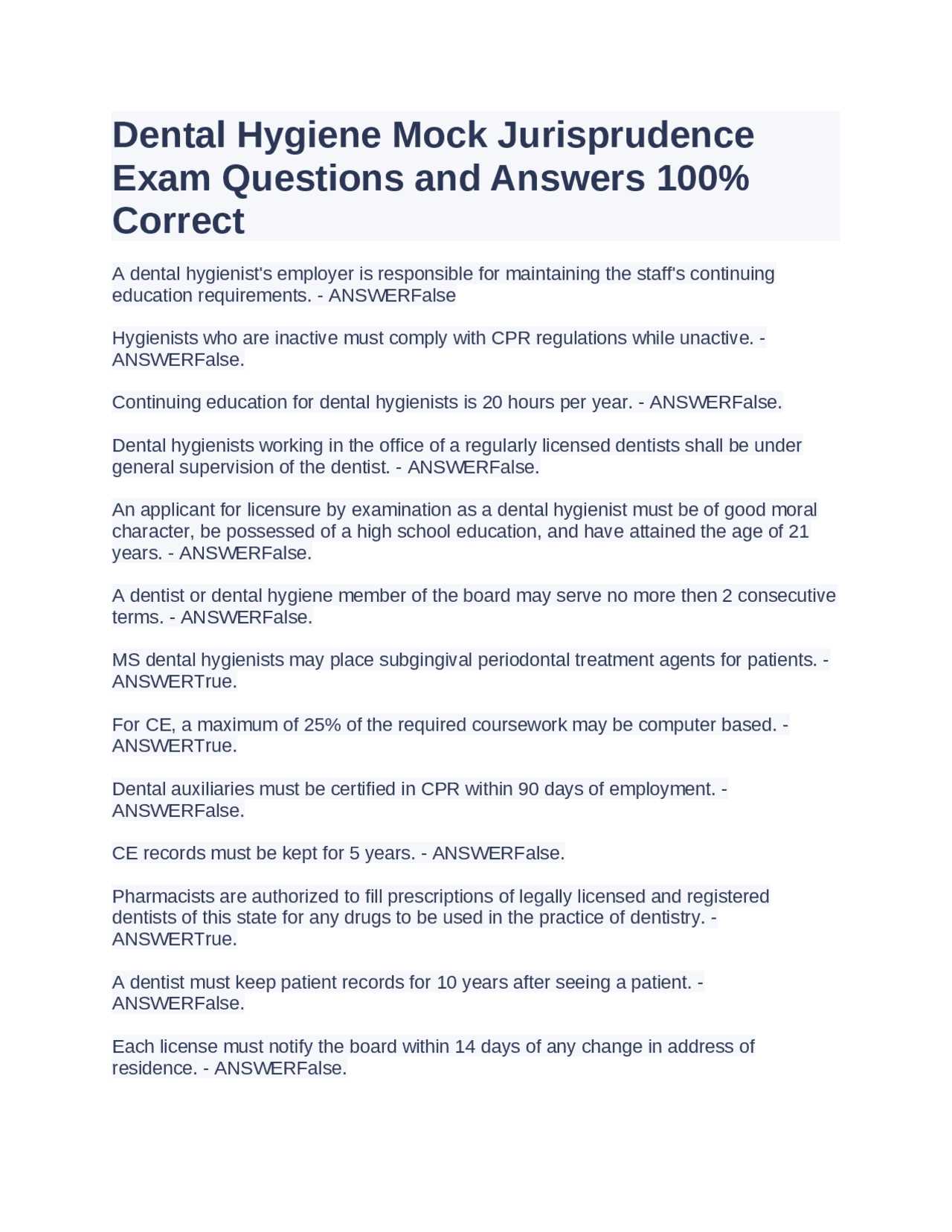 oregon dental jurisprudence exam answers