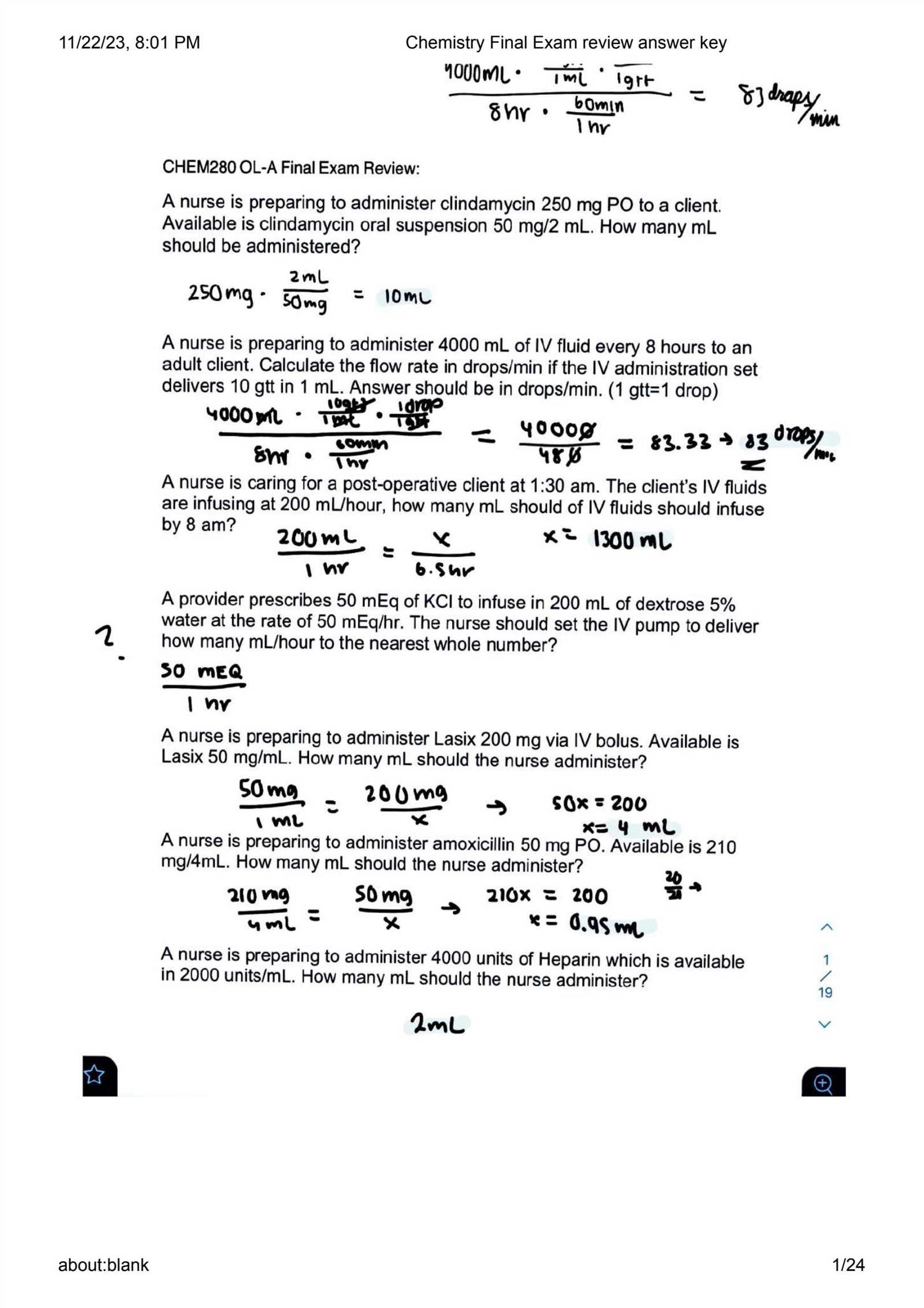 chemistry fall semester exam review answers