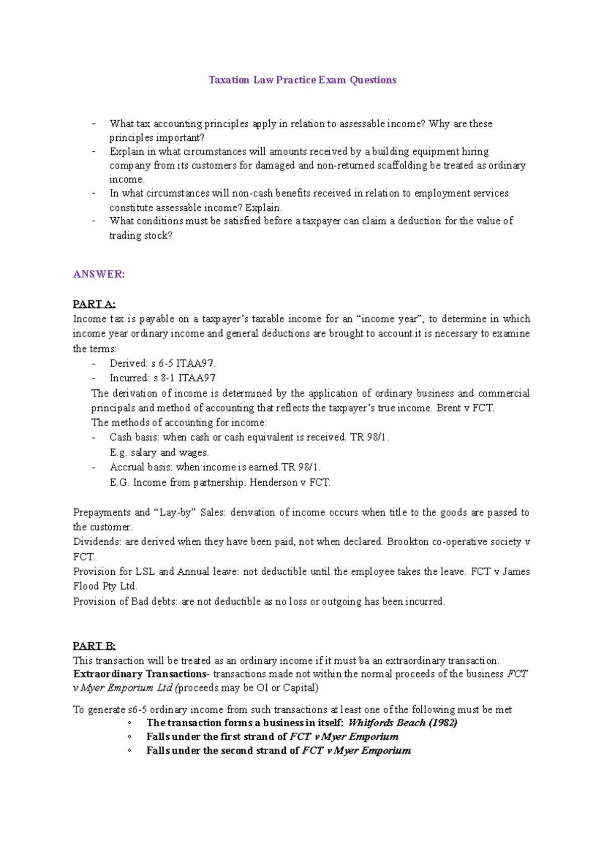 tax law exam questions and answers