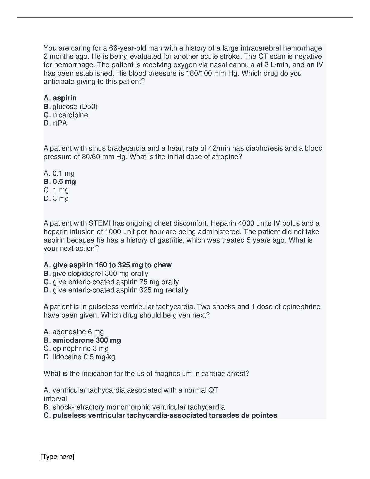 acls exam answer sheet