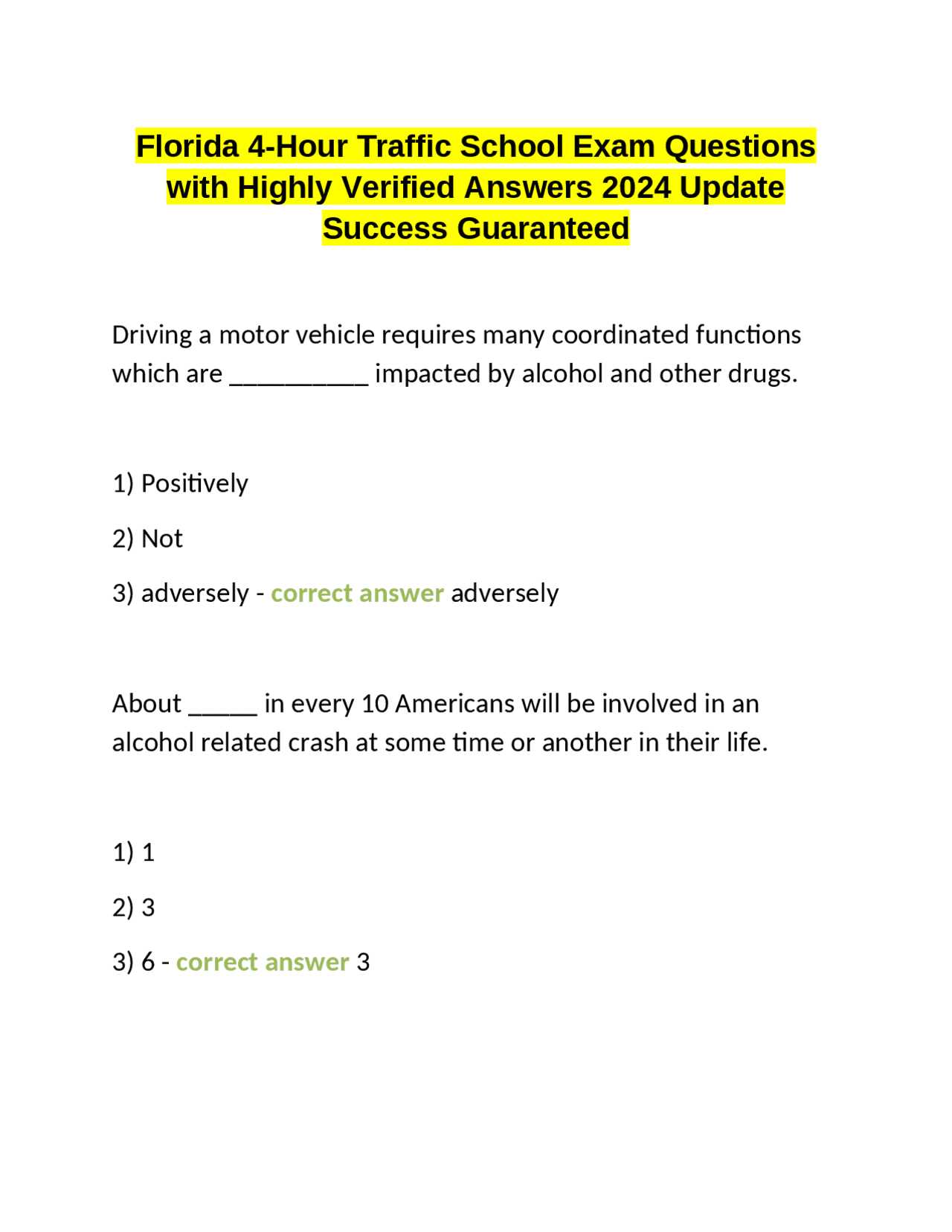 4 hour traffic school test answers