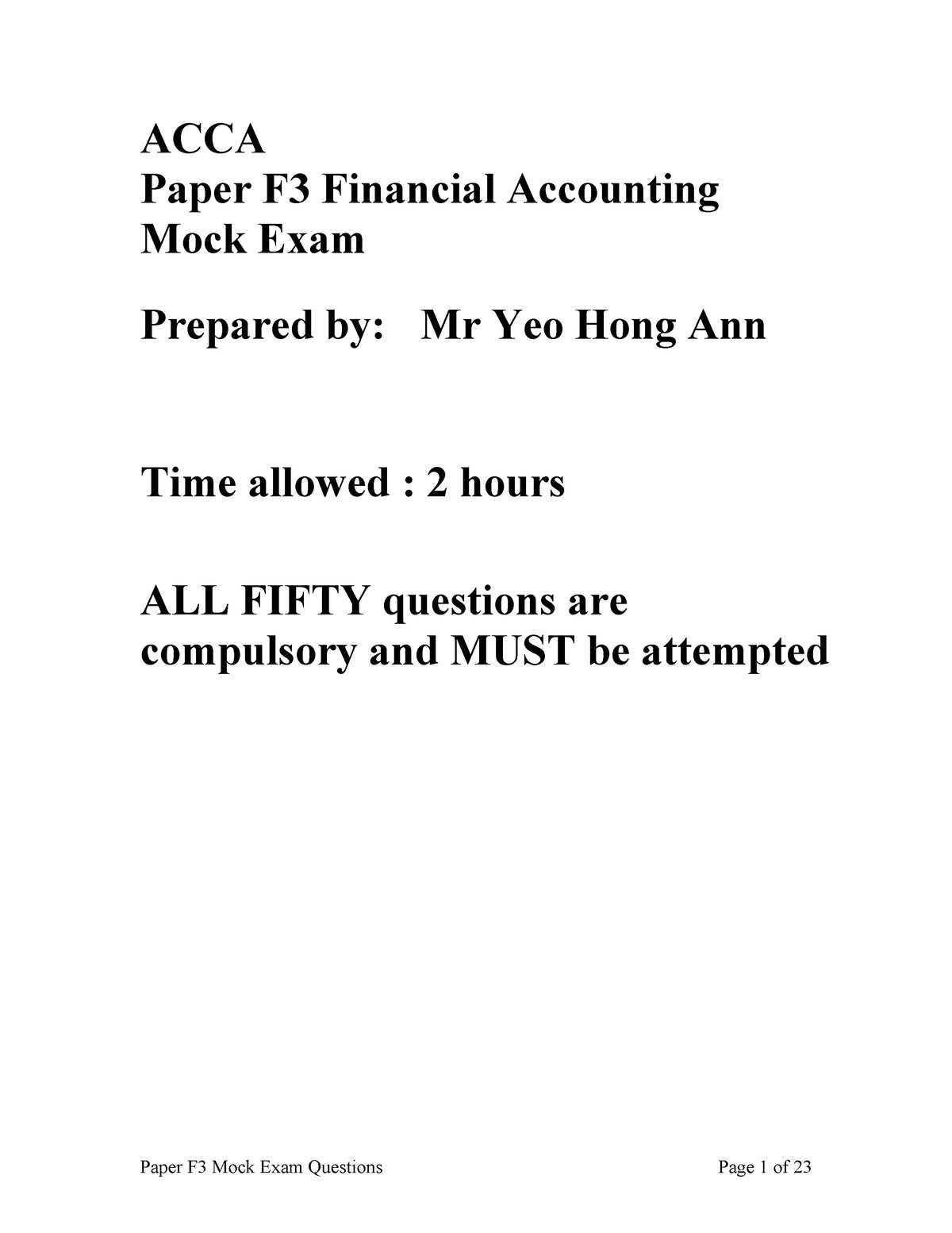 acca f3 mock exam with answers