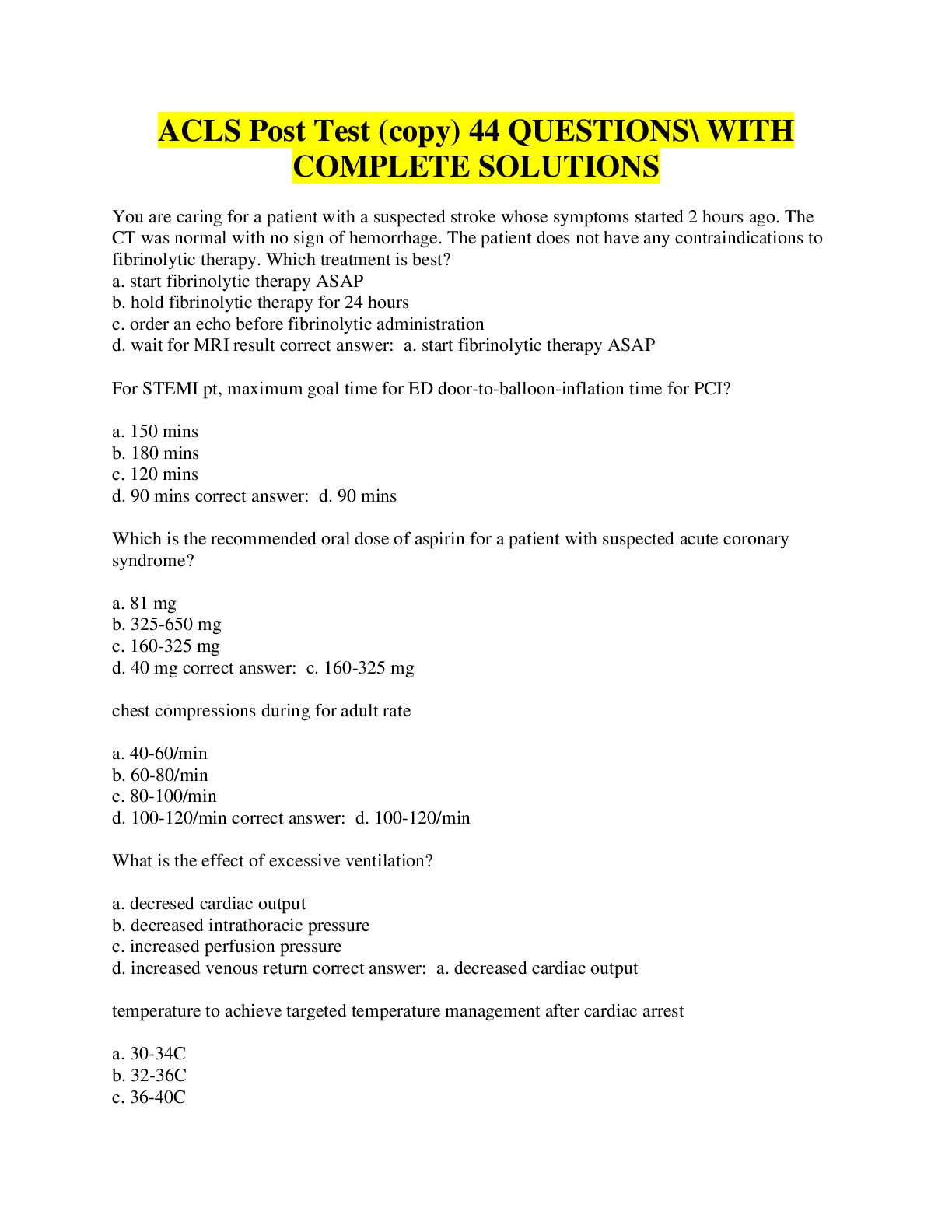 acls exam a answer key