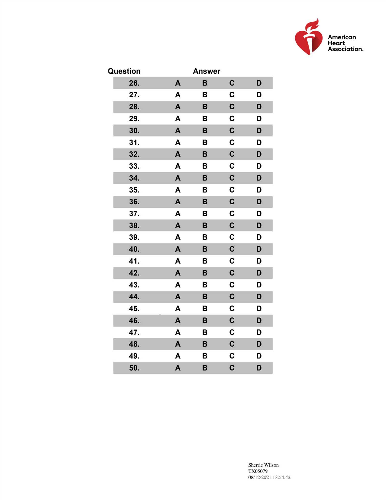 acls exam answer sheet