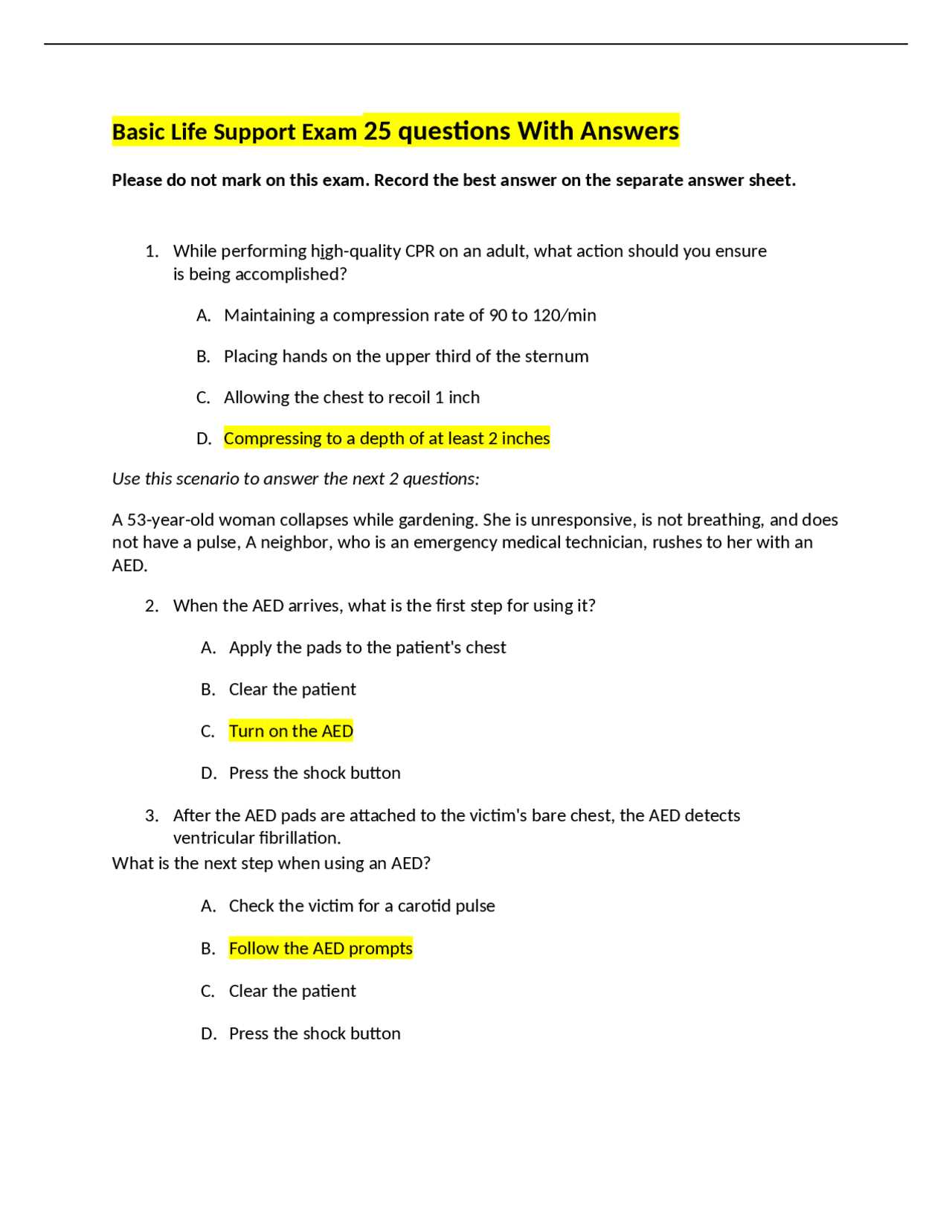 aha basic life support exam a answers