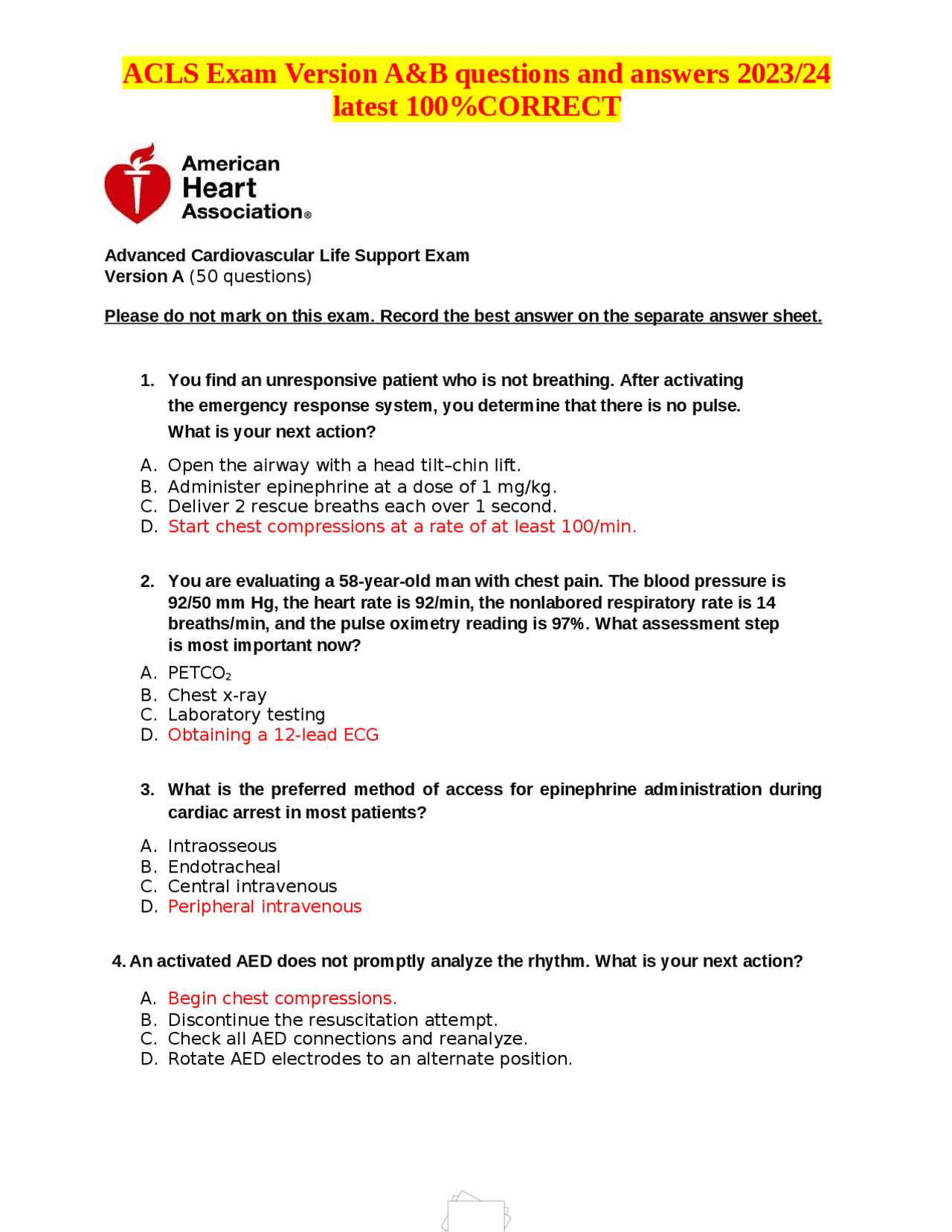 aha basic life support exam a answers