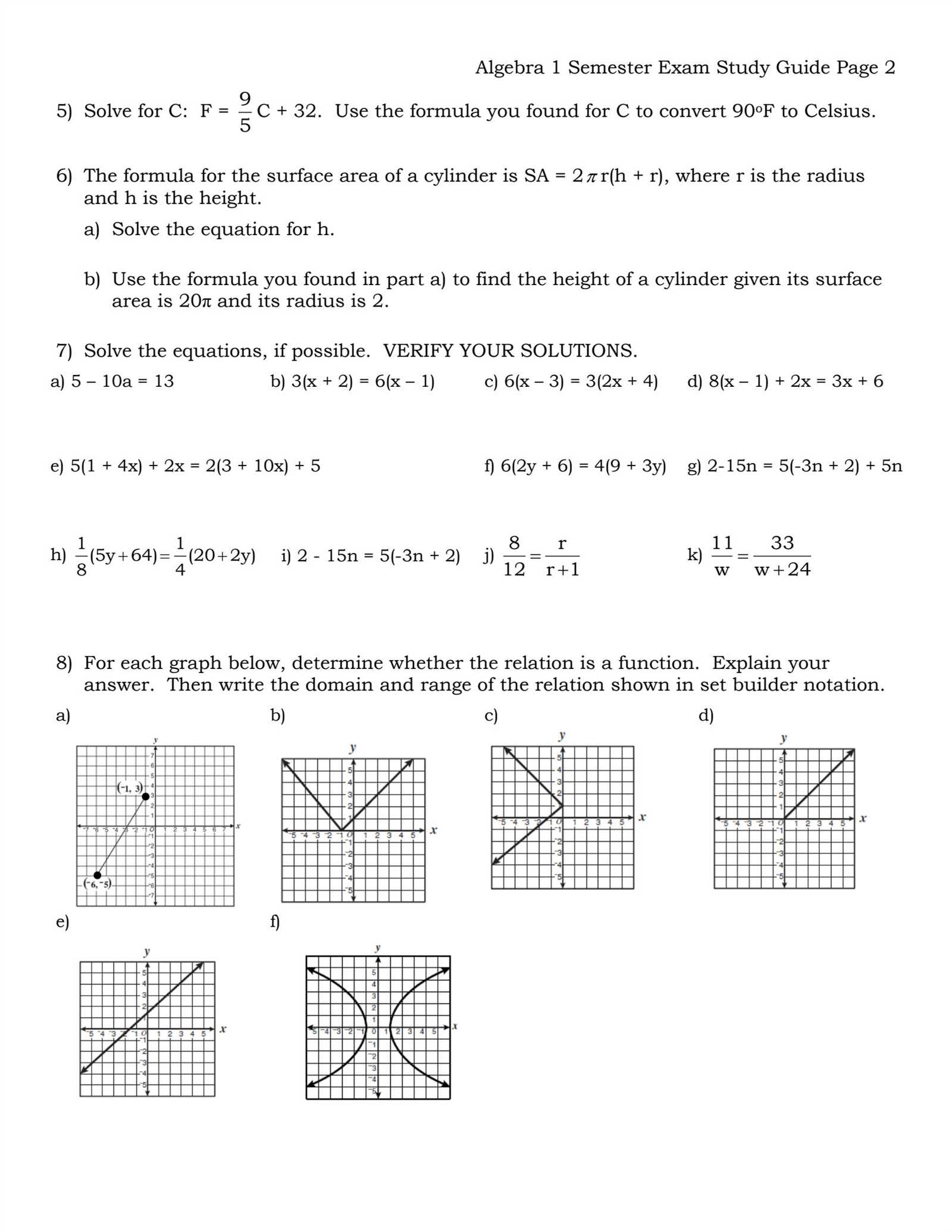 algebra 1 semester 1 exam review answers