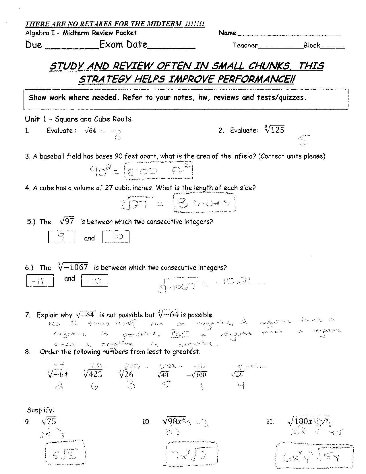 algebra 1 semester 1 exam review answers