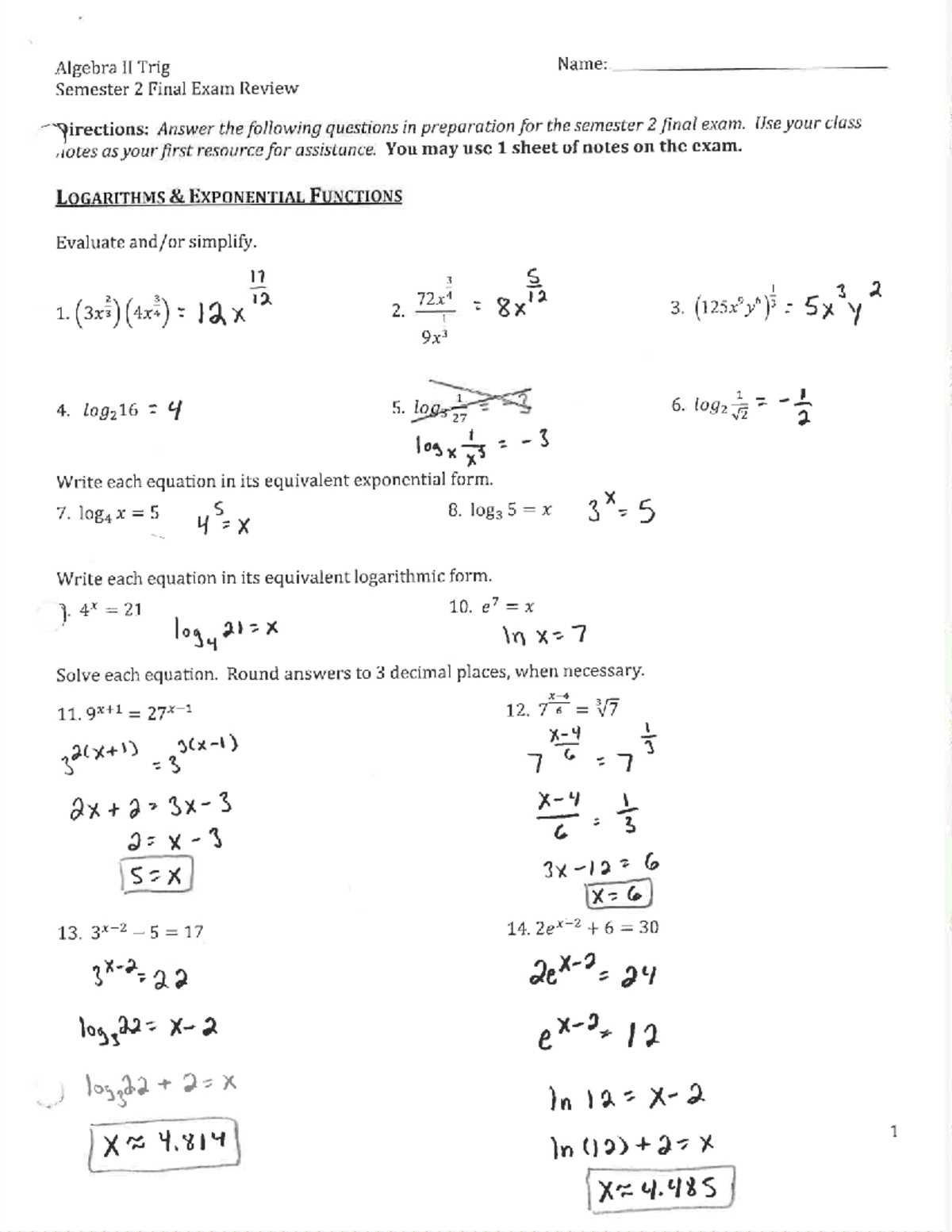 algebra 1 semester exam review answers