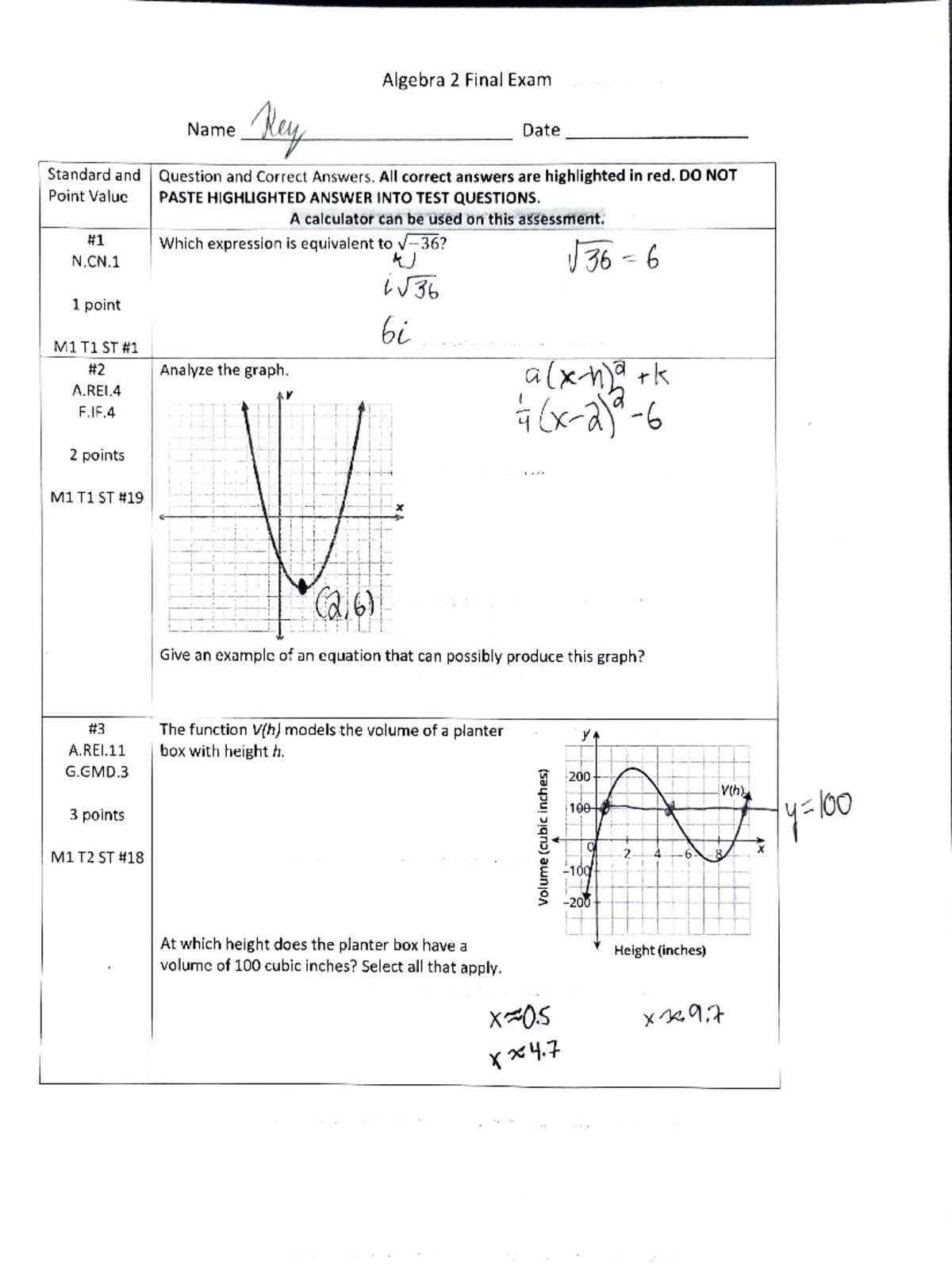 algebra 2 final exam multiple choice answers