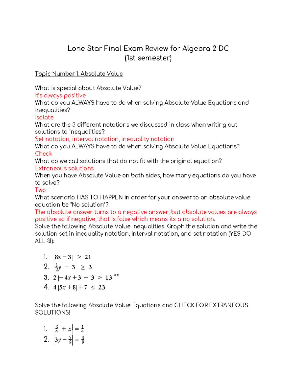 algebra 2 final exam review semester 2