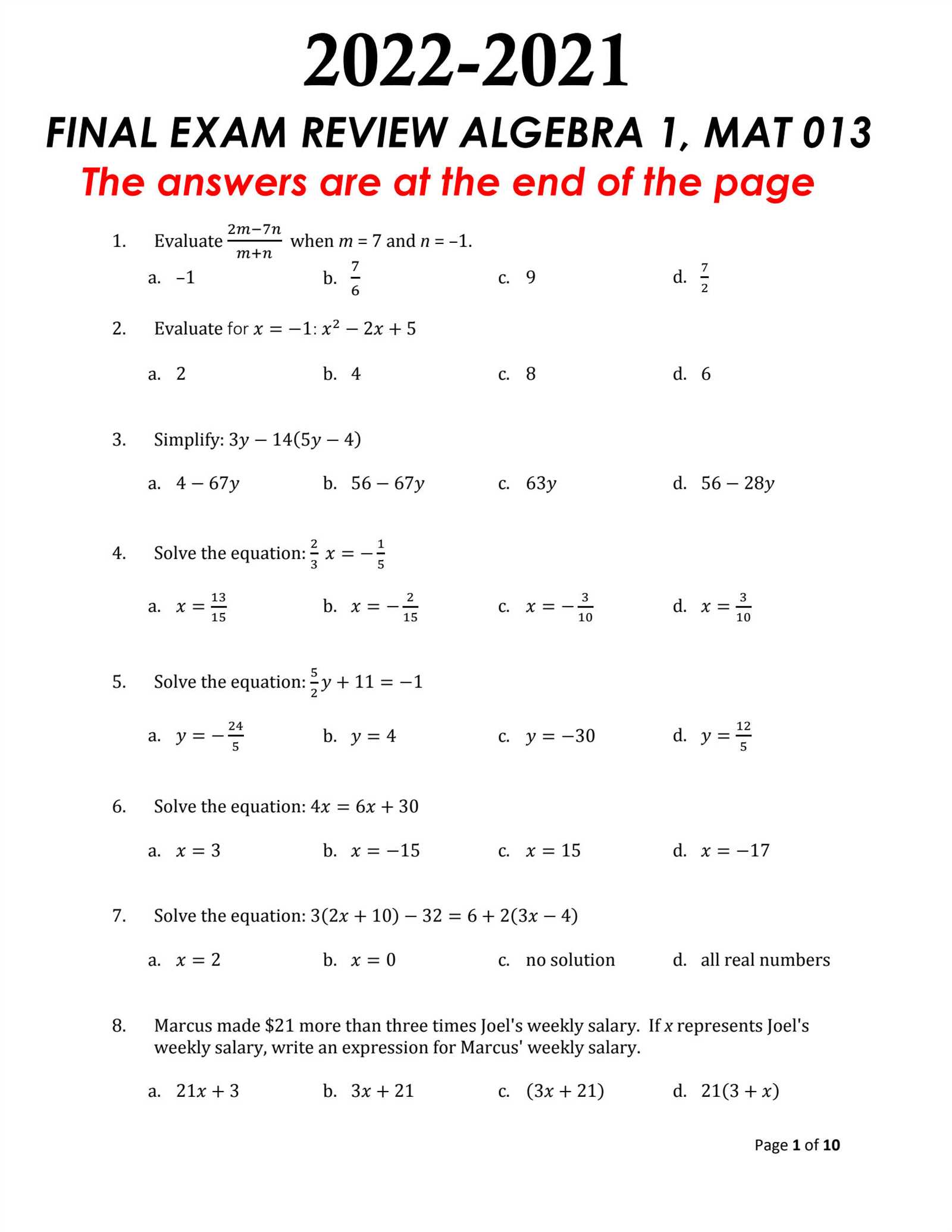 algebra 2 semester 1 final exam answers