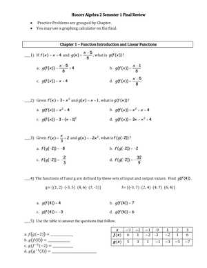 algebra 2 semester 1 final exam answers