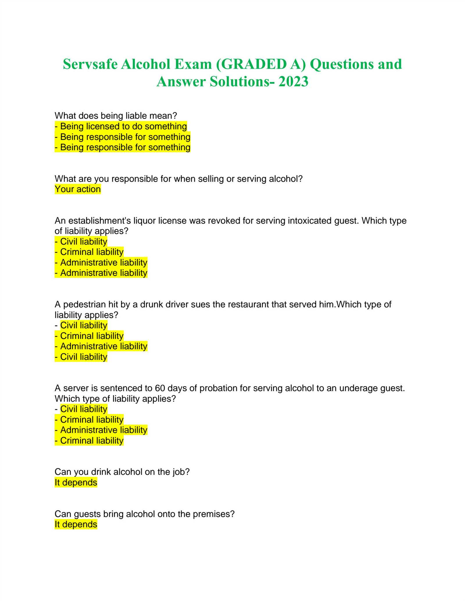 answers for servsafe alcohol exam