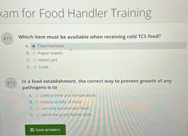 answers to food handlers test