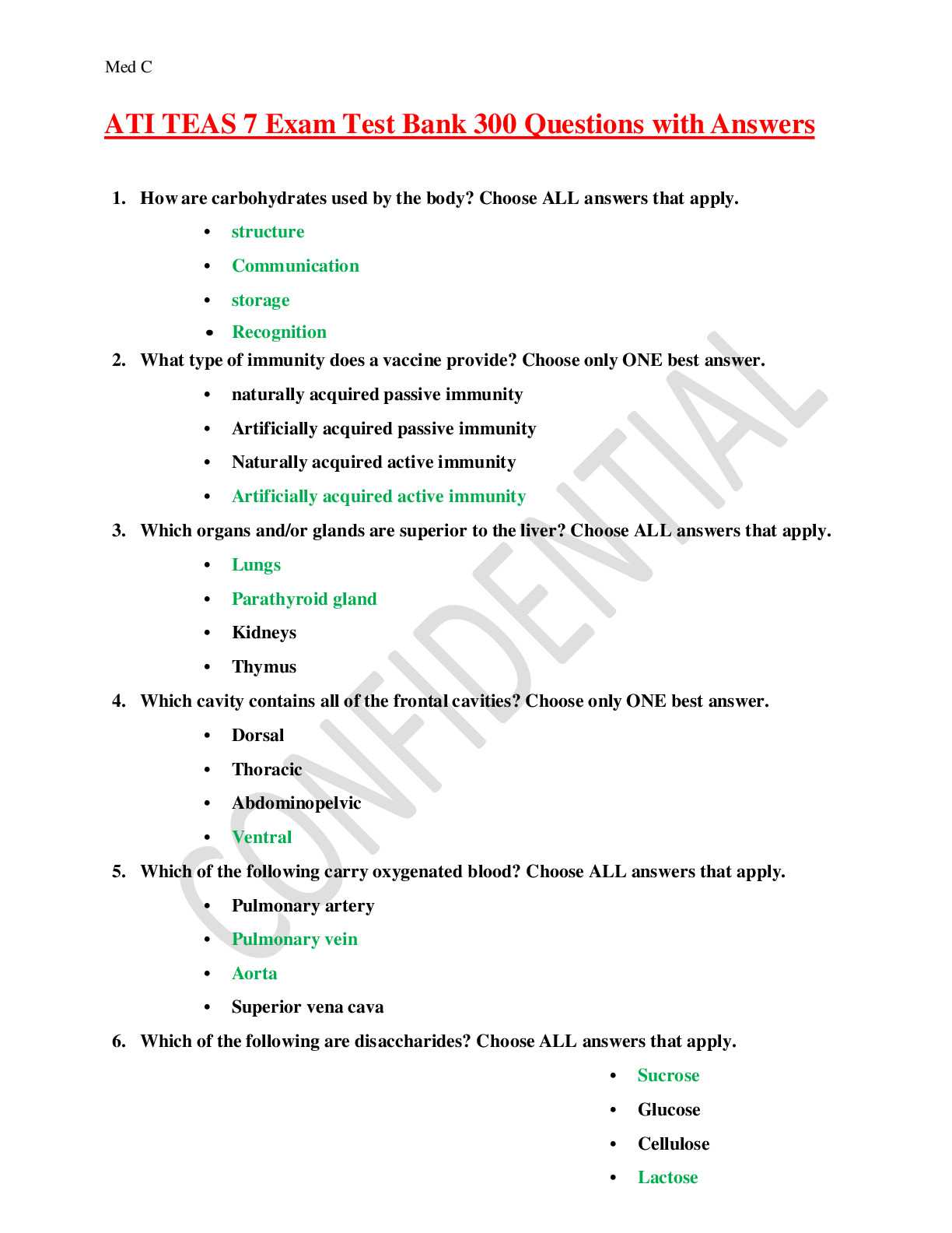 answers to teas 6 exam