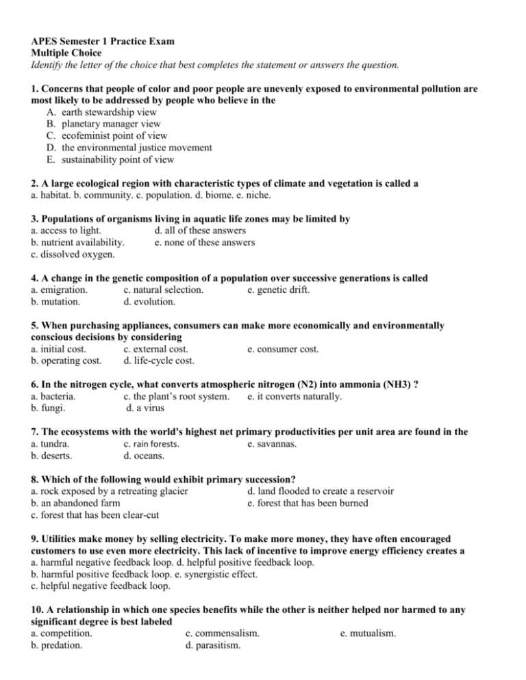 ap environmental science practice exam answers