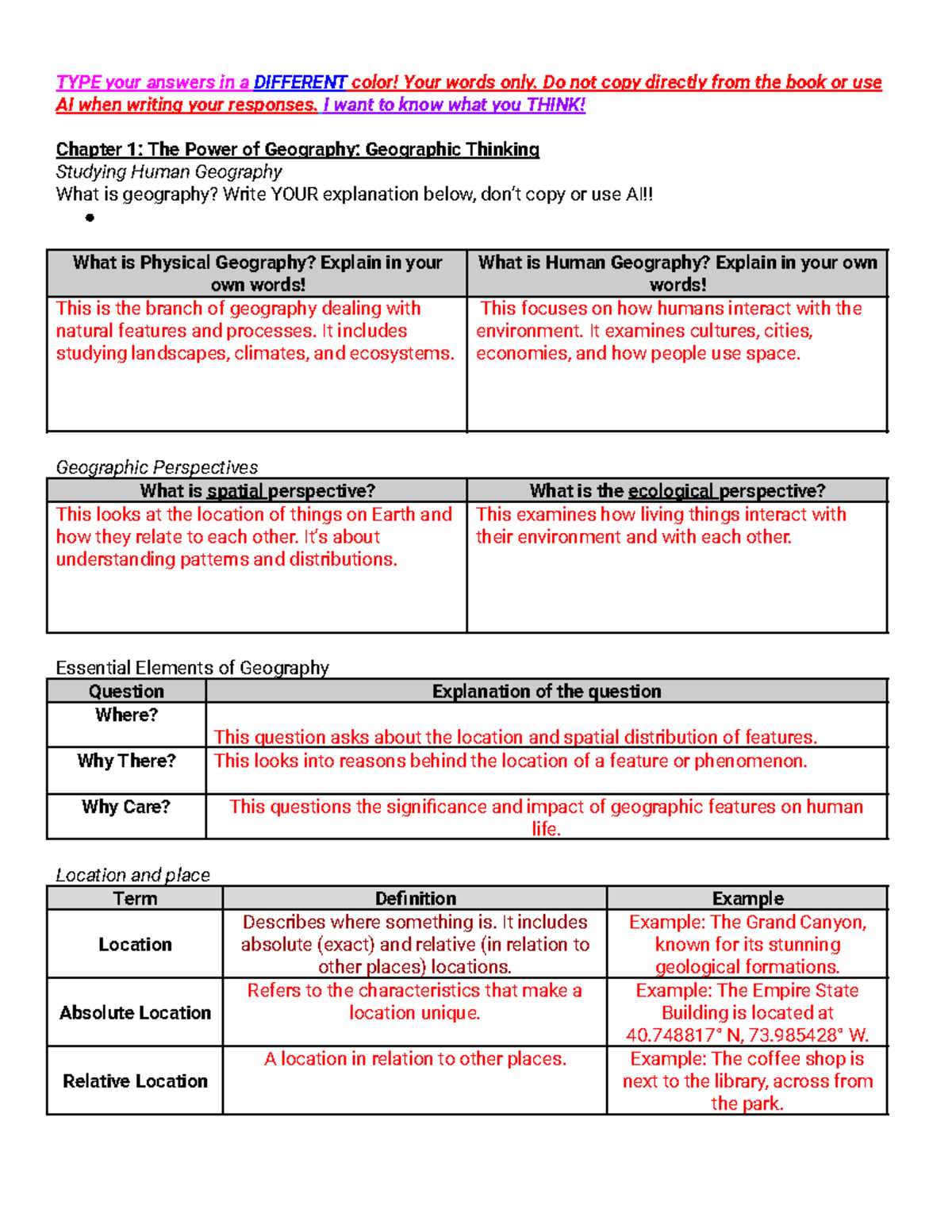 ap human geography chapter 1 study guide answers