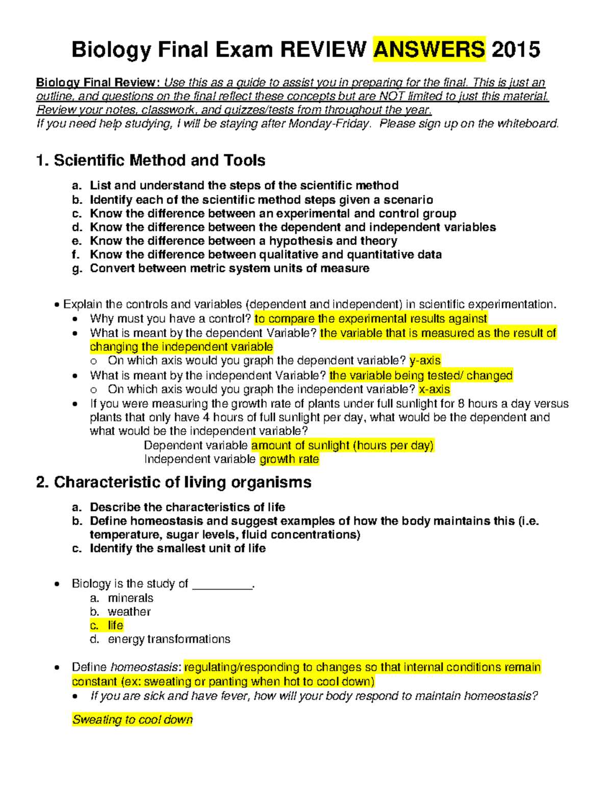 biology a final exam study guide answers