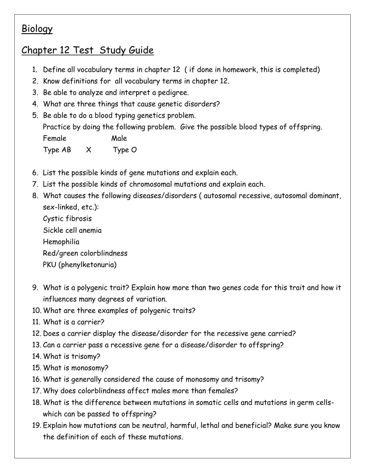 biology chapter 12.1 study guide answers