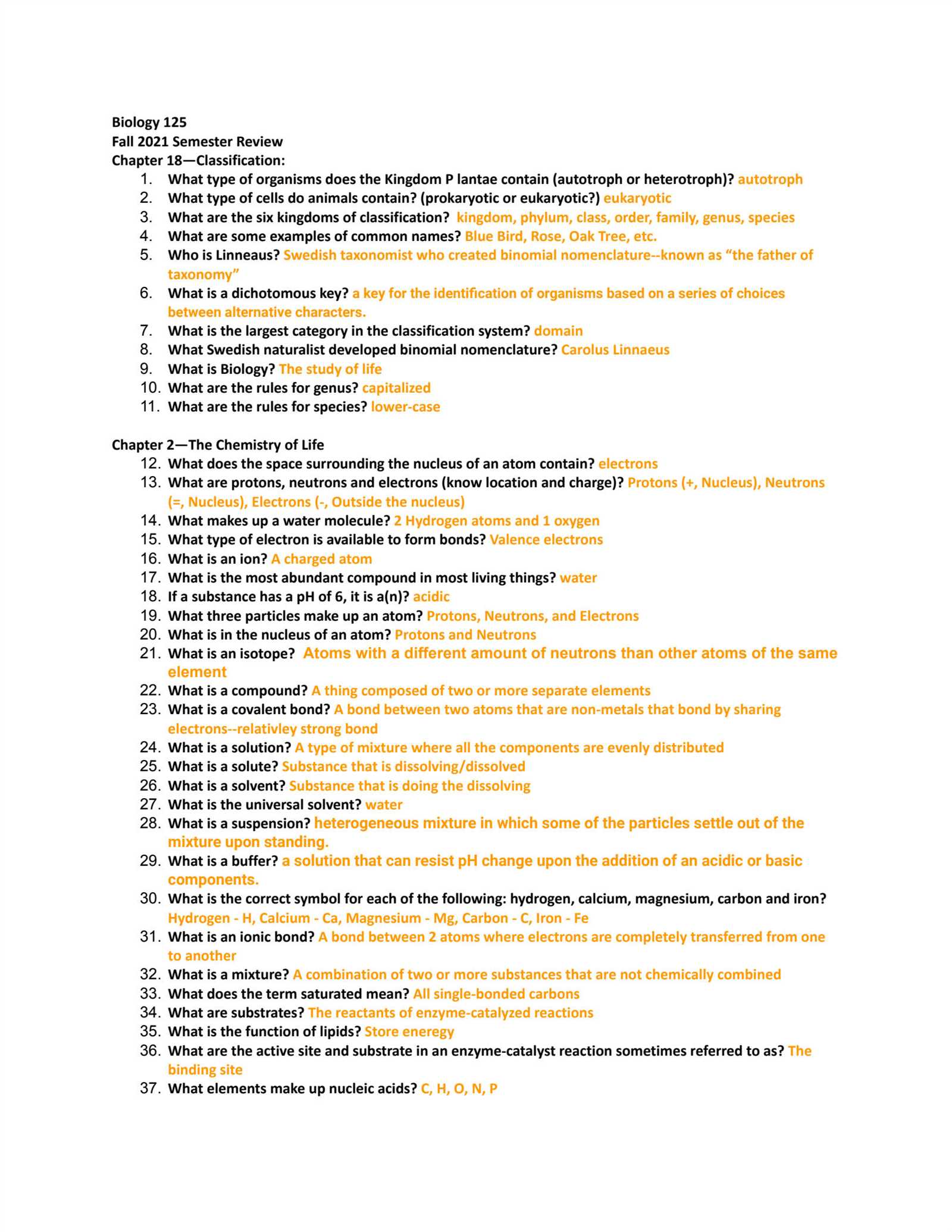 biology fall final exam review answers