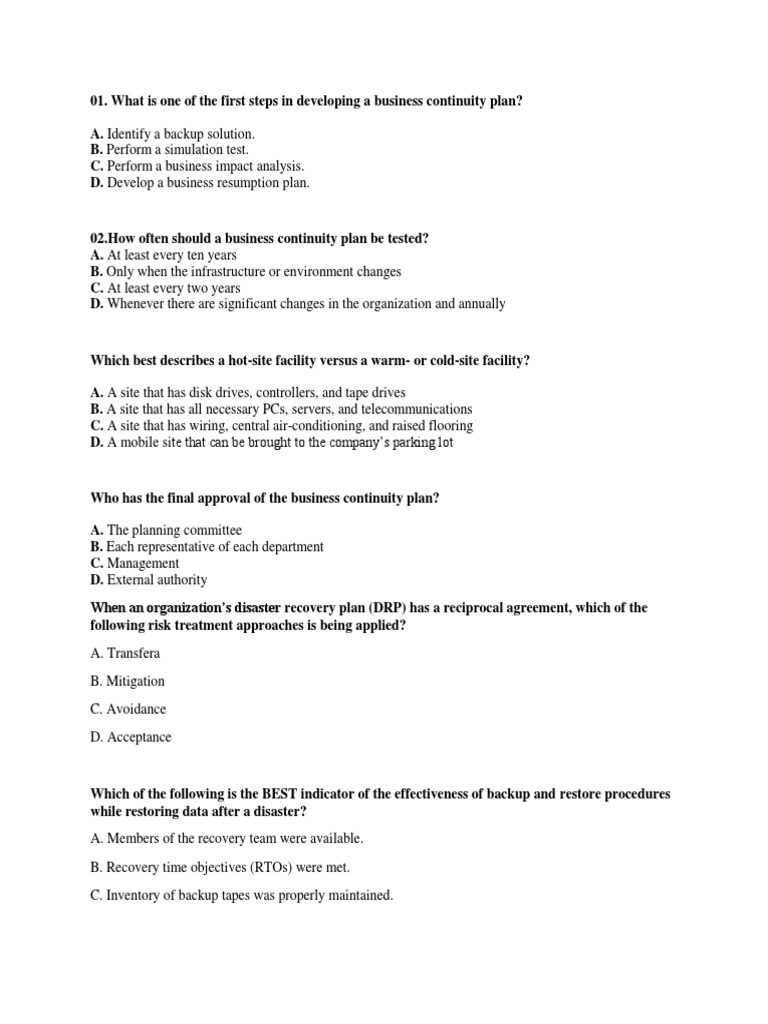 business continuity management exam questions and answers