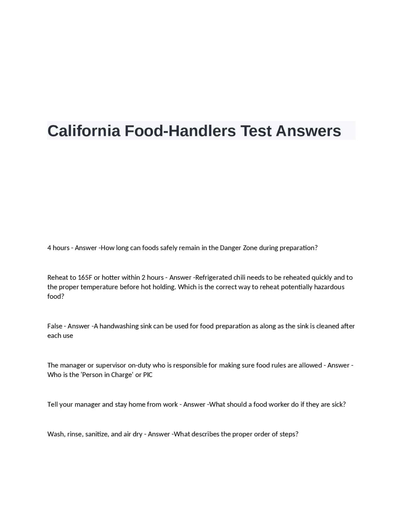 ca food handlers test answers