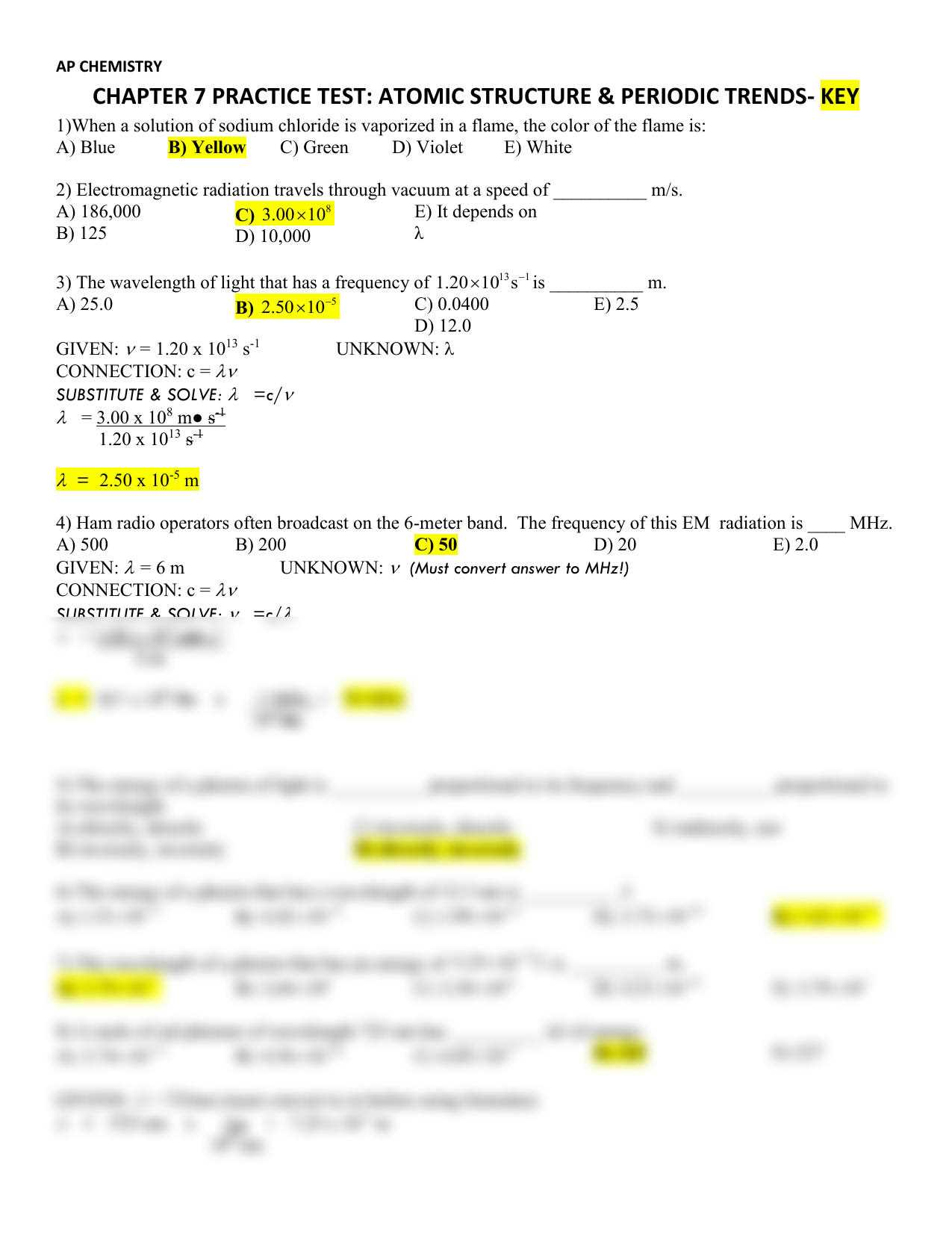 chemistry chapter 7 test answer key