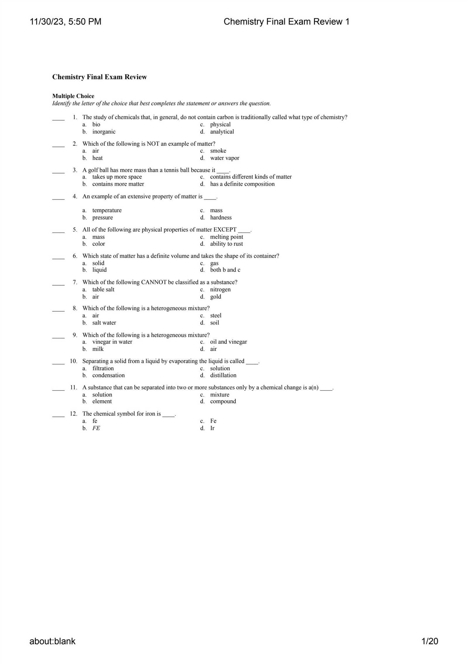 chemistry fall semester exam review answers