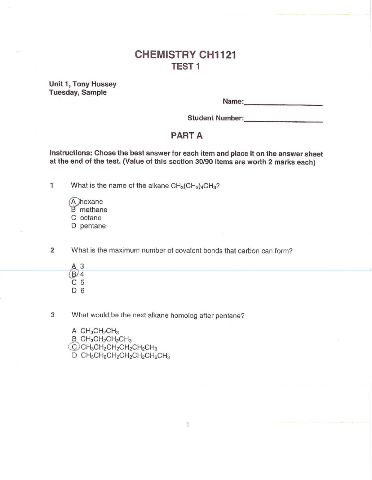 chemistry final exam answer key