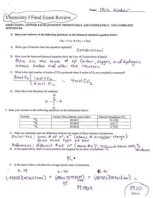 chemistry final exam review worksheet answers