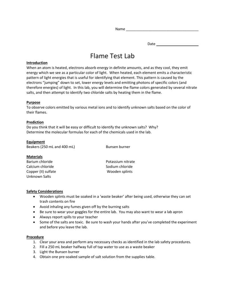 chemistry flame test lab answer key