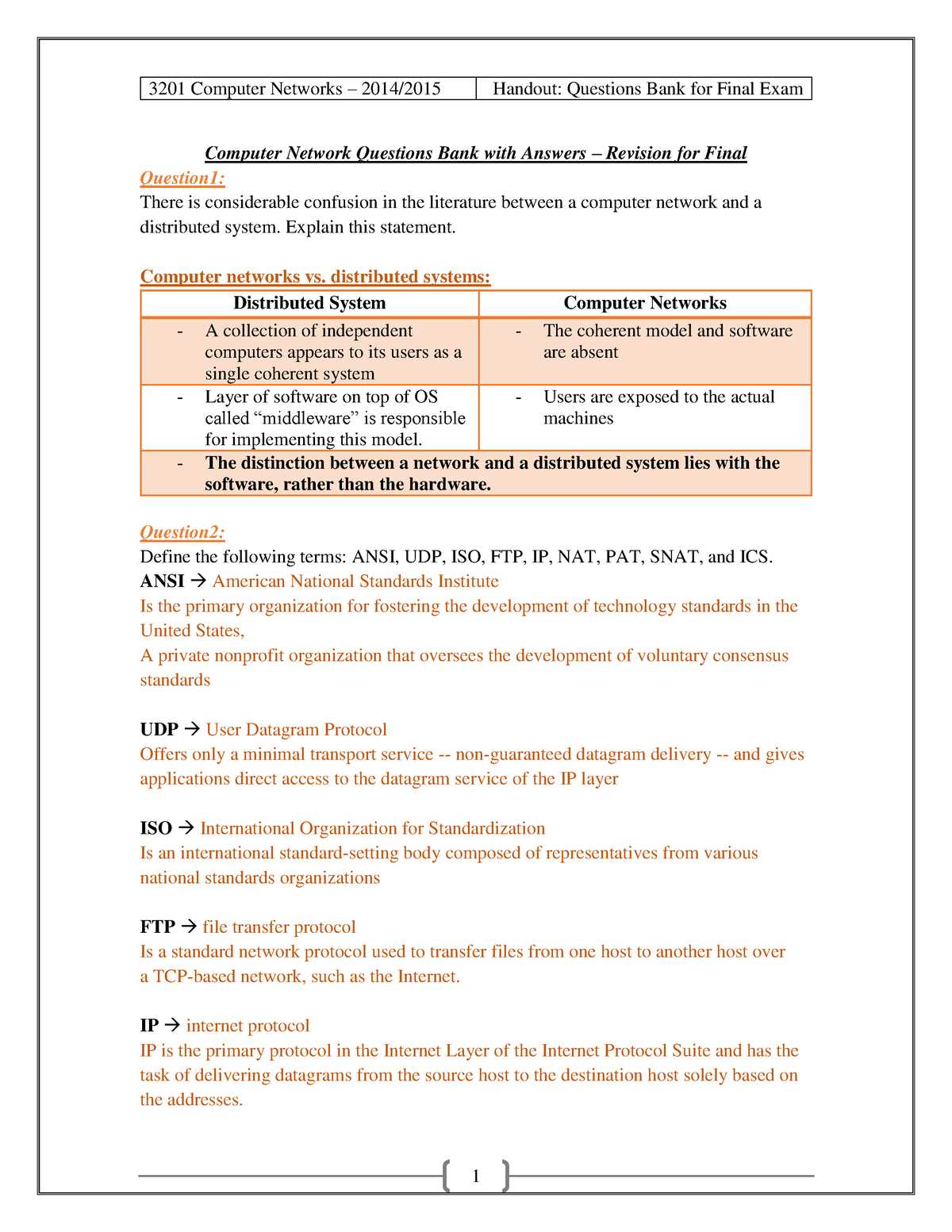 computer network final exam questions and answers