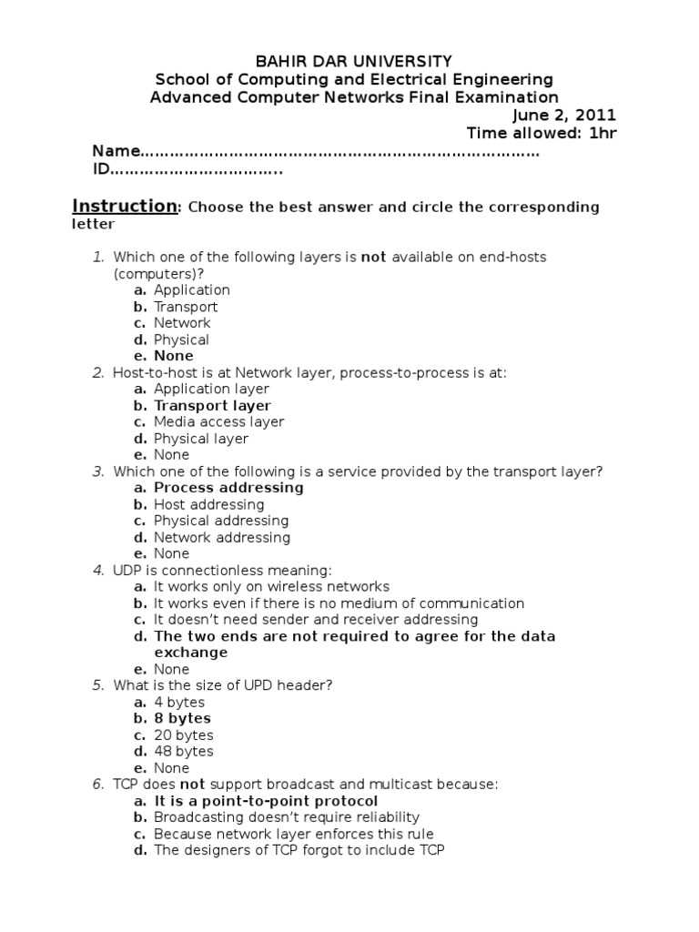 computer network final exam questions and answers