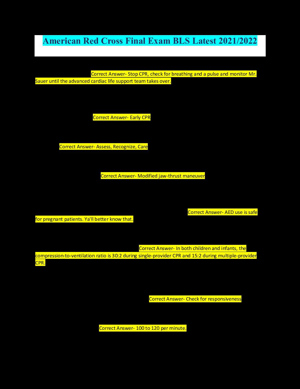 cpr bls test answers