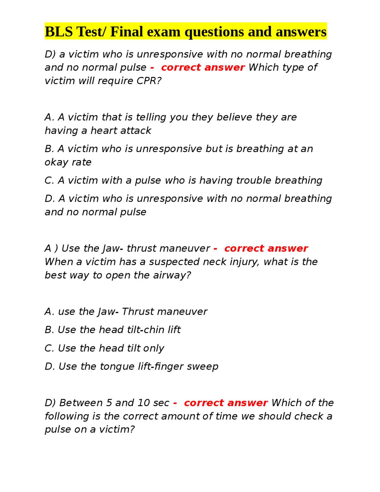 cpr exam questions and answers