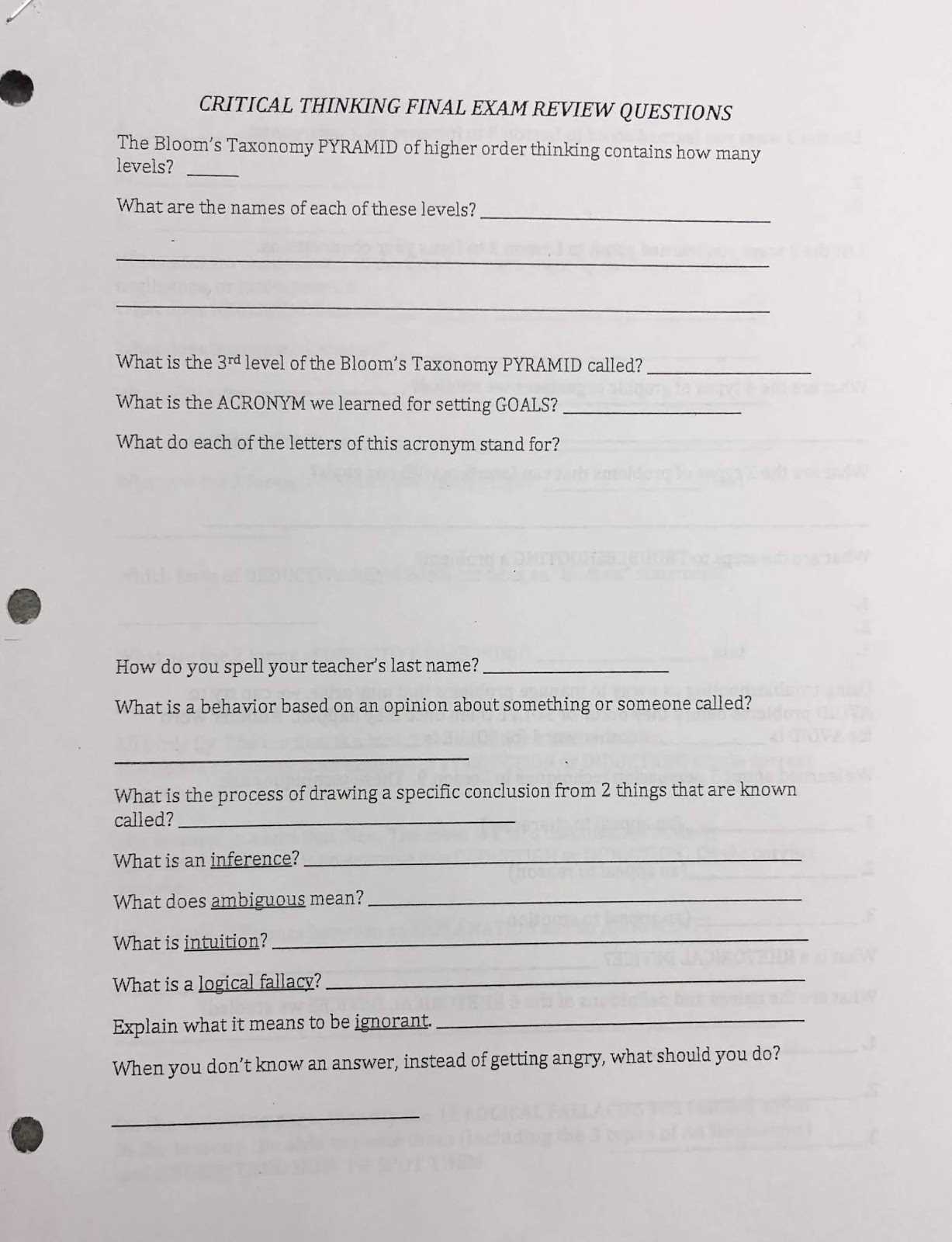 critical thinking final exam answers