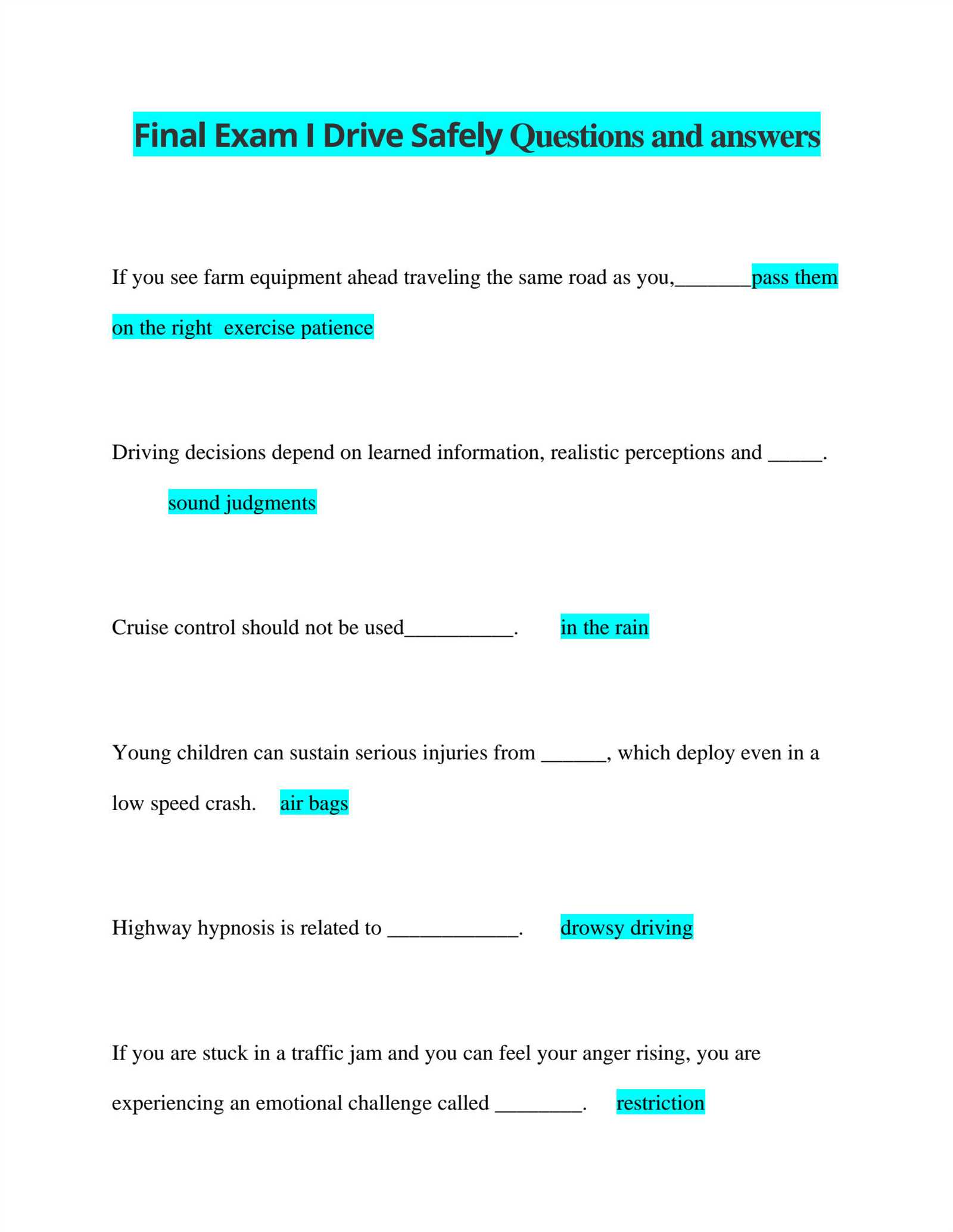 driver improvement final exam answers