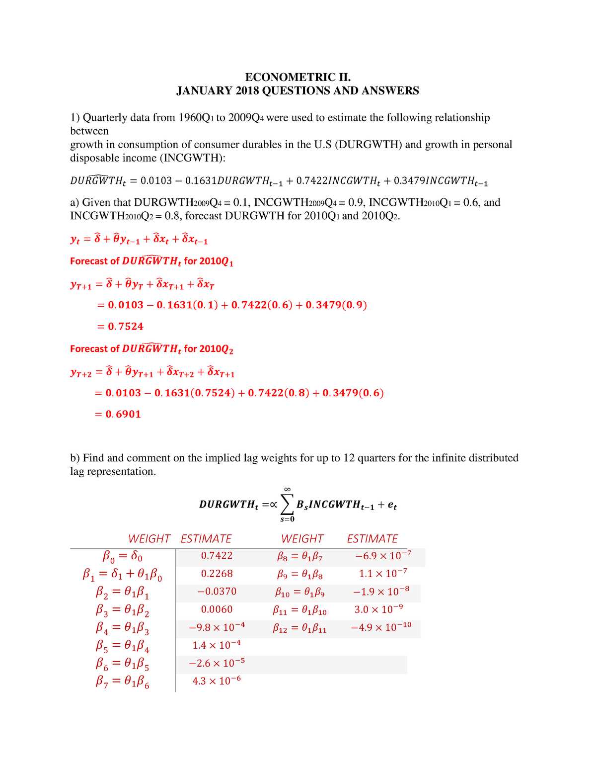 econometrics past exam papers and answers