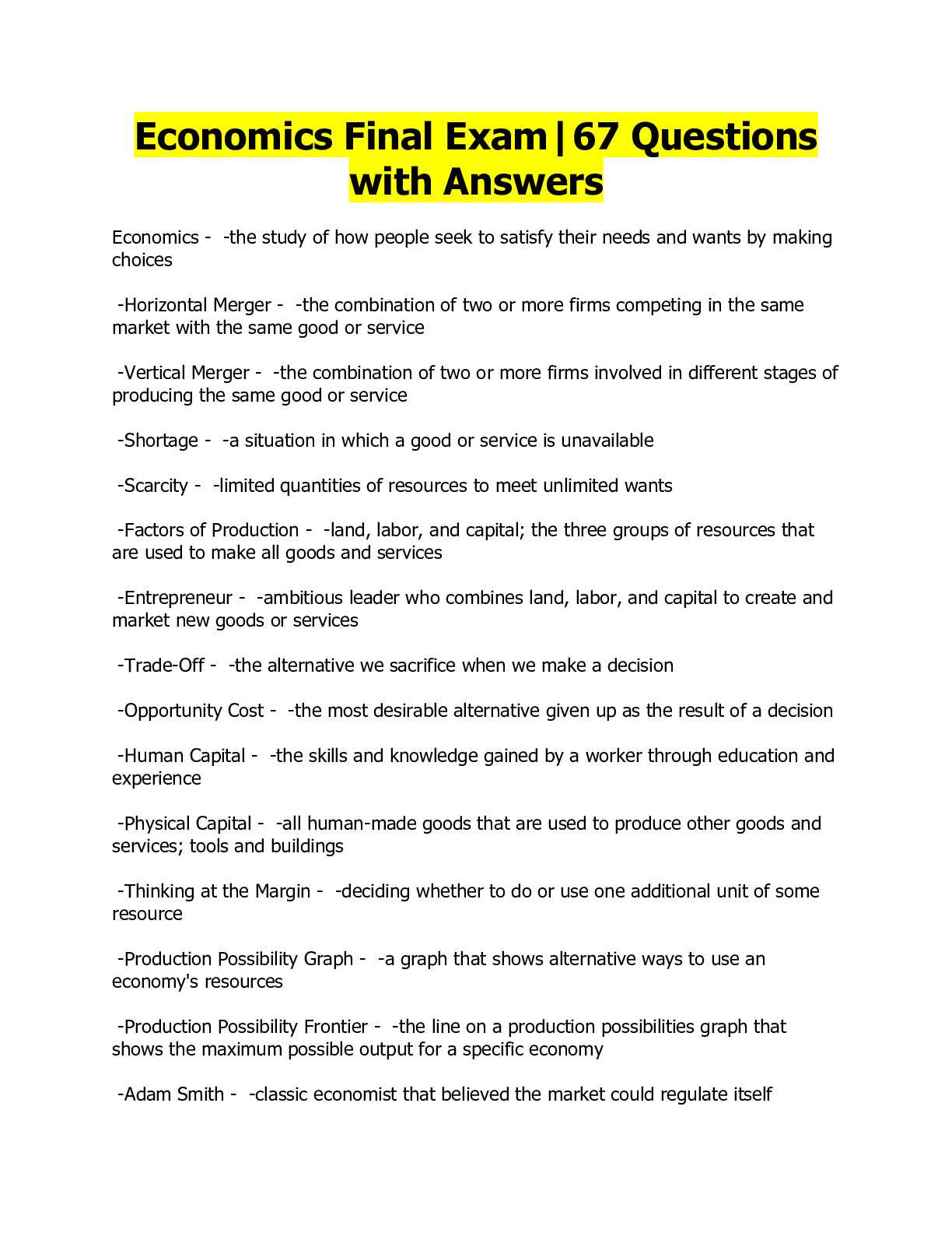 economics exam 1 answers