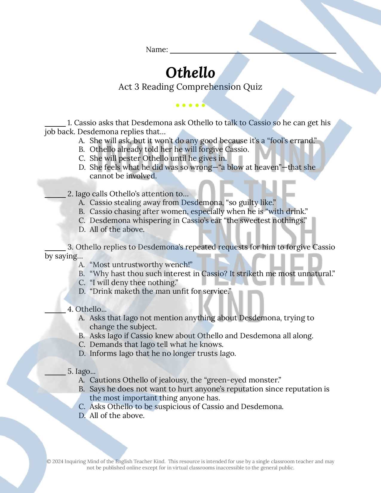 exam questions and answers on othello